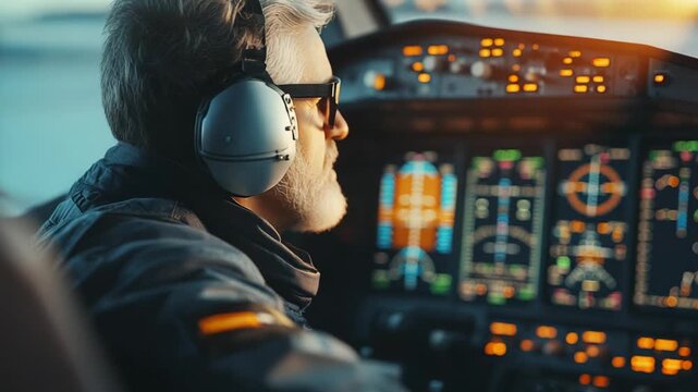 selective focus professional pilot checking flight instruments scene