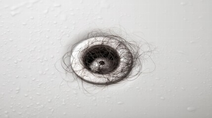 Close-up shot of a clogged bathroom sink drain filled with dark hair, creating a common household problem.