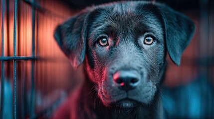 Close-up of a black Labrador puppy with captivating eyes in a cage.