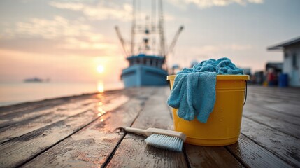 Cleaning supplies on a wooden dock at sunset