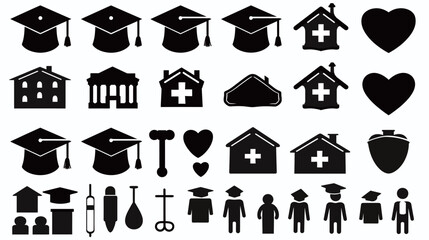 Complete collection of black silhouette graduation cap and house icons