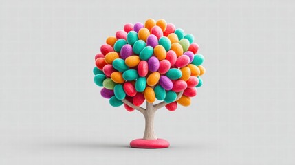 A whimsical tree adorned with colorful, candy-like oval shapes.