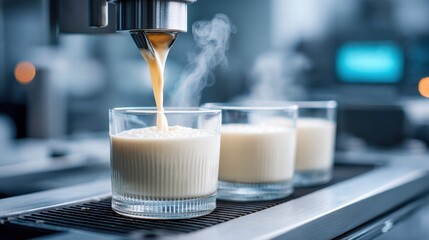 Espresso machine pouring hot beverage into glasses