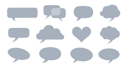 Fototapeta premium Diverse assortment of grey speech bubble icons in various shapes and styles, including a heart symbol, perfectly isolated on a clean white background.