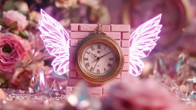 Vintage clock with glowing wings on a pink brick platform composition