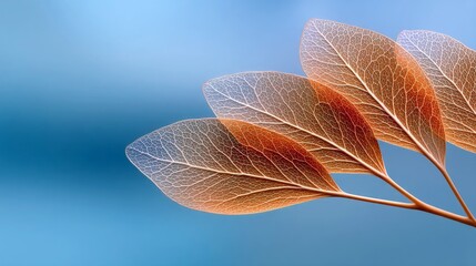 Close-up of translucent skeleton leaves on a thin branch, backlit against a soft blue gradient background. The intricate vein patterns of the leaves are clearly