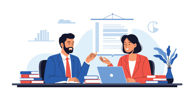 Two professionals discussing a project during a business meeting.