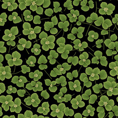 Seamless floral pattern with clover-like blossoms and leafy sprigs on black background, ornamental botanical motif for textile, wallpaper and wrapping paper - AI generated