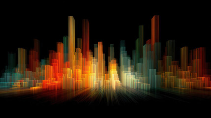 Colorful layered bar charts rise dynamically abstract cityscape style, glowing black background