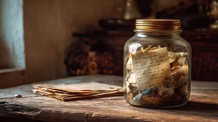 A jar filled with old letters and papers sits on a wooden table. The jar is filled with various pieces of paper, some of which are written in cursive handwriting
