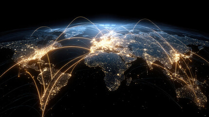 Global connection glowing lines connecting major cities on world map at night