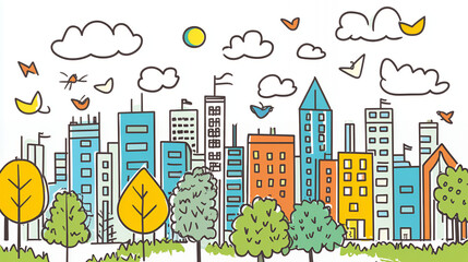 Colorful hand-drawn cityscape with trees, sun, clouds, and birds
