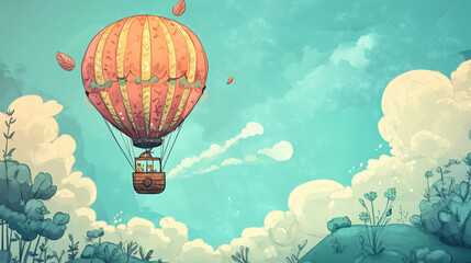 Whimsical hot air balloon floating in a dreamy, pastel-colored sky