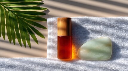 A spa beauty scene featuring a glass roller bottle with a wooden cap, a light green jade gua sha stone, and a palm leaf casting a shadow, all arranged on a whit