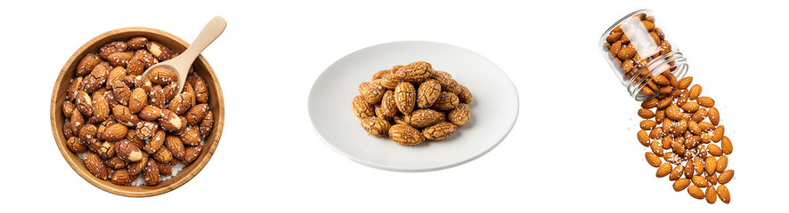 Obraz premium Arrangement of almonds in a wooden bowl, on a plate, and spilling from a glass jar on a solid surface on transparent background