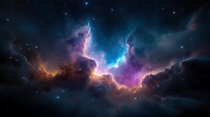 A breathtaking view of a colorful nebula in deep space, illuminated by stars and cosmic dust, with a dark, starry background.