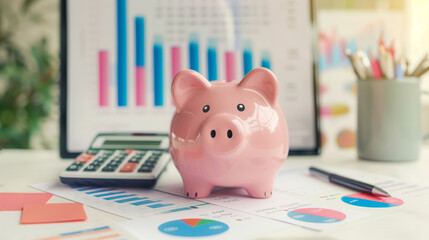 piggy bank on desk with financial charts, calculator, and data analysis