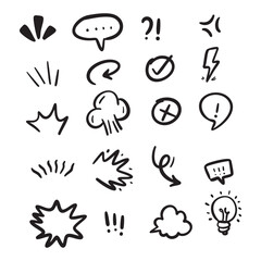 Fototapeta premium Hand-drawn doodle set of comic speech bubbles and expression elements.