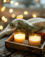 lit candles and pine branches on wooden tray with cozy christmas bokeh background