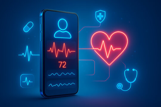 Digital healthcare smartphone with medical heart monitoring app and glowing neon interface for futuristic patient care