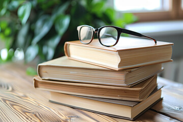 stack of old books with reading glasses on a wooden desk