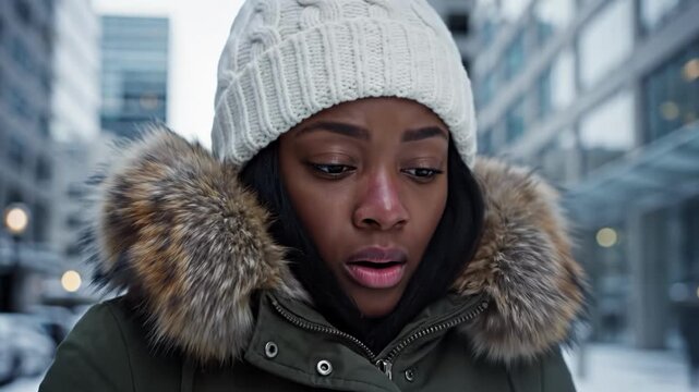 Young black woman wearing winter hat and furtrimmed coat blowing her nose with a tissue outdoors in the city during cold weather