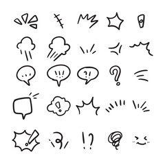 Hand-drawn comic style expression marks and speech bubbles.