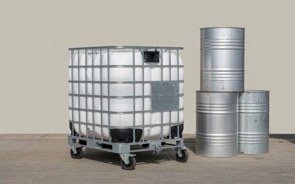 Ibc tank and metal drums for industrial storage illustration