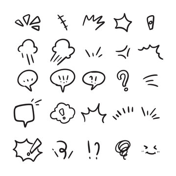 Hand-drawn comic style expression marks and speech bubbles.