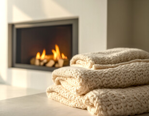Stack of cozy chunky knit blankets with a modern fireplace background. Warm winter home concept.