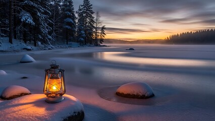 Glowing lantern illuminates a frozen winter landscape at dusk
