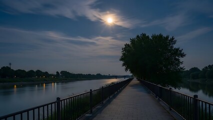 Moonlit pathway along a serene river under a cloudy night sky