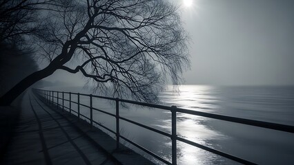 Misty morning lakeside path with bare tree and reflective water