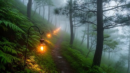 Misty forest path illuminated by enchanting lanterns on a verdant slope