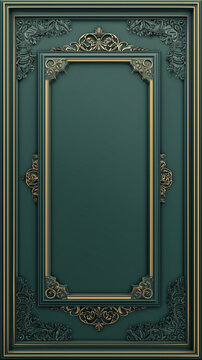 A dark royal green wall showcases an elegant decorative frame with intricate relief patterns and a gleaming gold border, designed in a classic European style that sophistication through
