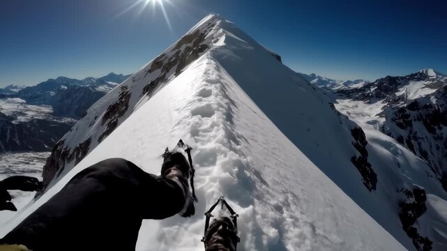 Person Climbs Snowy Mountain Peak in Extreme Conditions