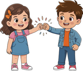 Cute cartoon boy and girl doing friendly fist bump, happy children illustration, playful friendship moment, adorable kids interaction, fun character artwork