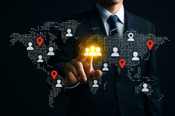 Futuristic networking and international business contacts with professional managing digital people icons across interactive global map