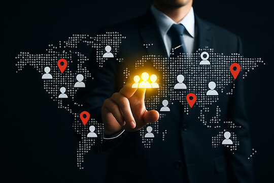 Futuristic networking and international business contacts with professional managing digital people icons across interactive global map