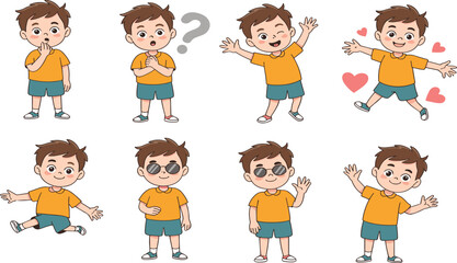 Cute cartoon boy character set showing different emotions, playful poses, joyful activities, expressive gestures, happy kids illustration bundle for design