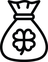 Outline icon of a money bag featuring a fourleaf clover, representing luck, wealth, and prosperity