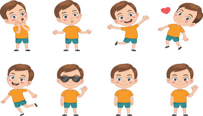 Cute cartoon boy character set showing different emotions, playful poses, joyful activities, expressive gestures, happy kids illustration bundle for design