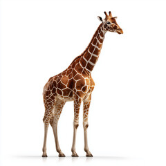 Fototapeta premium Striking full-body giraffe stands on clean white studio backdrop, conveying elegance and calm. Ideal for wildlife, education, nature, and family-friendly stock projects with a graceful, majestic feel