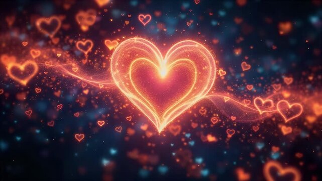 Glowing Hearts and Love Particles on Dark Background.