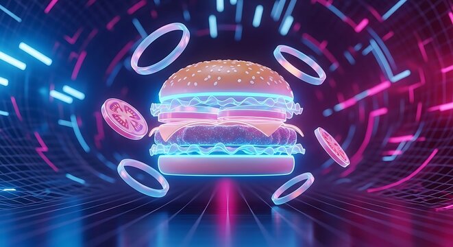 Futuristic glowing neon hamburger with onion rings floating in a digital tunnel with vibrant blue and pink light effects - Powered by Adobe