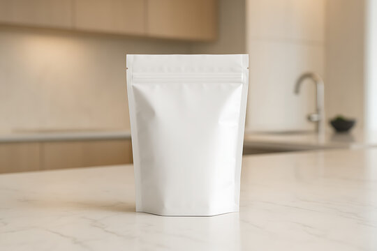 Minimalist white blank stand up coffee or protein powder pouch bag with zip lock closure presented on a modern marble kitchen counter mockup