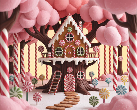 Enchanting candy land gingerbread treehouse with lollipop trees