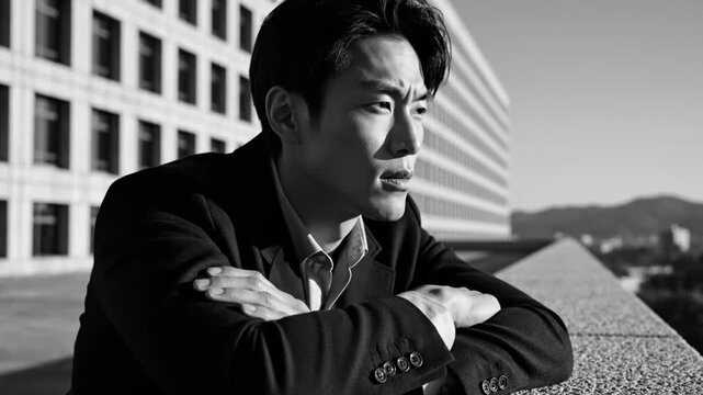 Black and white portrait of a thoughtful young asian businessman leaning on a ledge with a modern building and city view in the background
