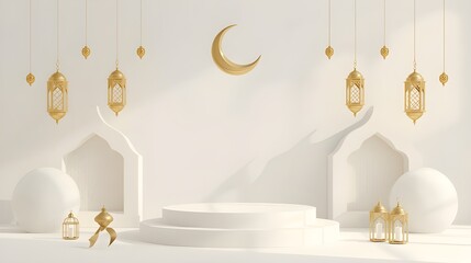 3D Ramadhan Mockup Scene with Abstract Podium and Golden Crescent Moon Decoration