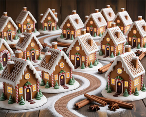 Village of Illuminated Gingerbread Houses on a Wooden Surface